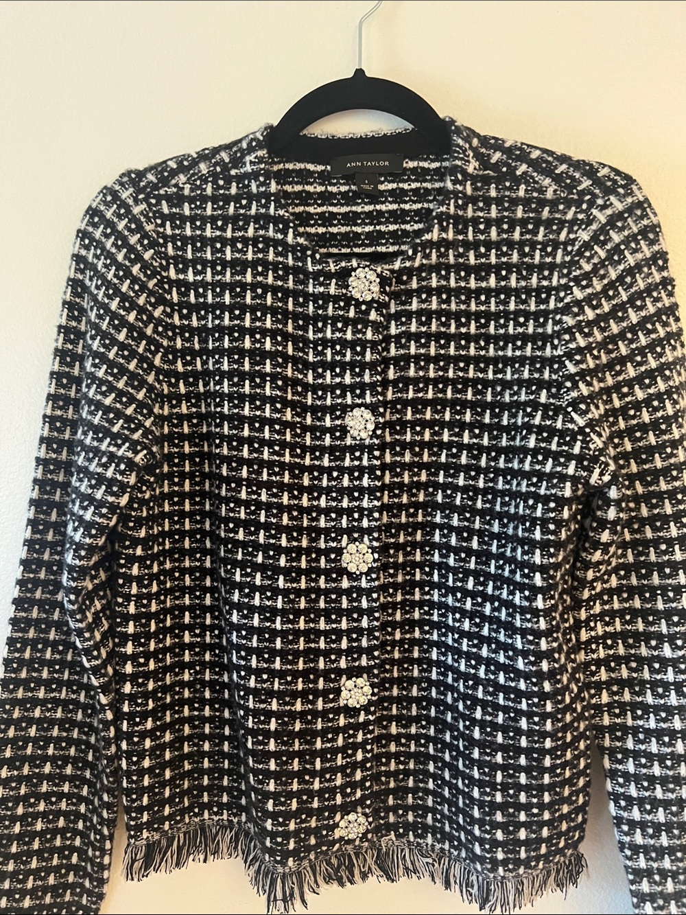 Ann Taylor Black and White Tweed Fringe Jacket with Rhinestone Buttons